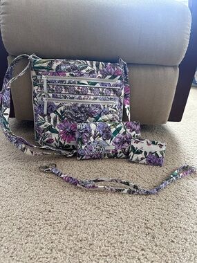 Vera Bradley Lavender Meadow Set - Triple Zip Hipster Wallet Card Holder Lanyard